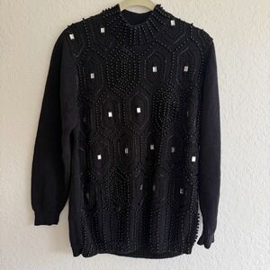 Vtg Womens Sweater XL Black Beaded Rhinestone Mock Neck Cotton Ramie Party 80s